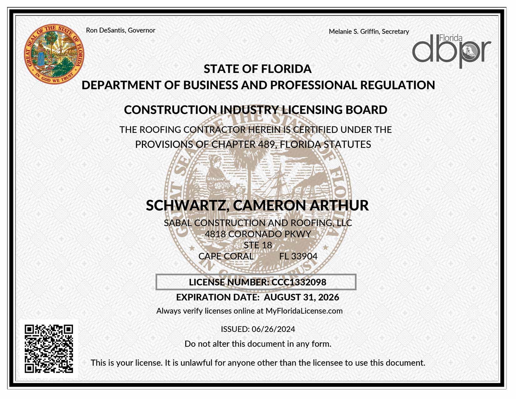 Florida Certified Roofing Contractor - Expiring on August 31, 2026