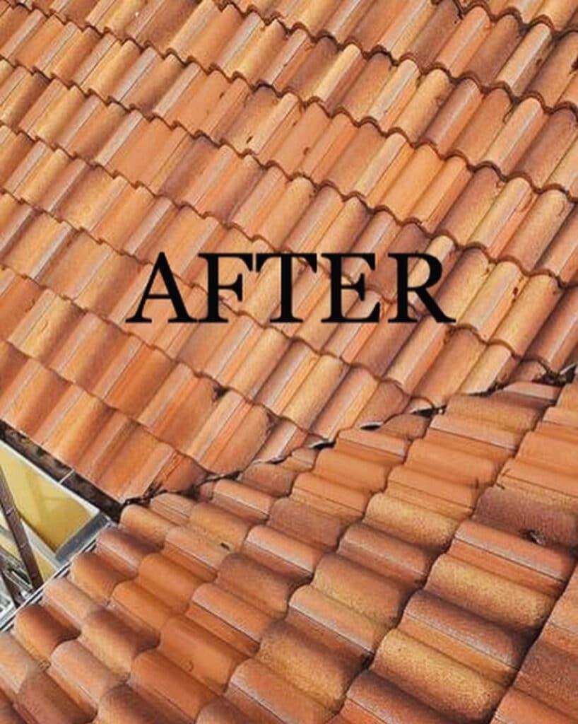 A newly repaired tile roof