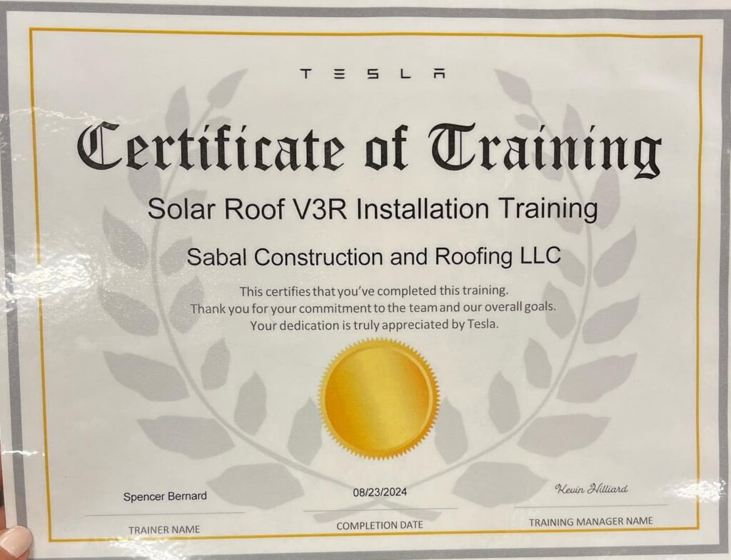 Sabal Construction and Roofing, LLC certificate of training