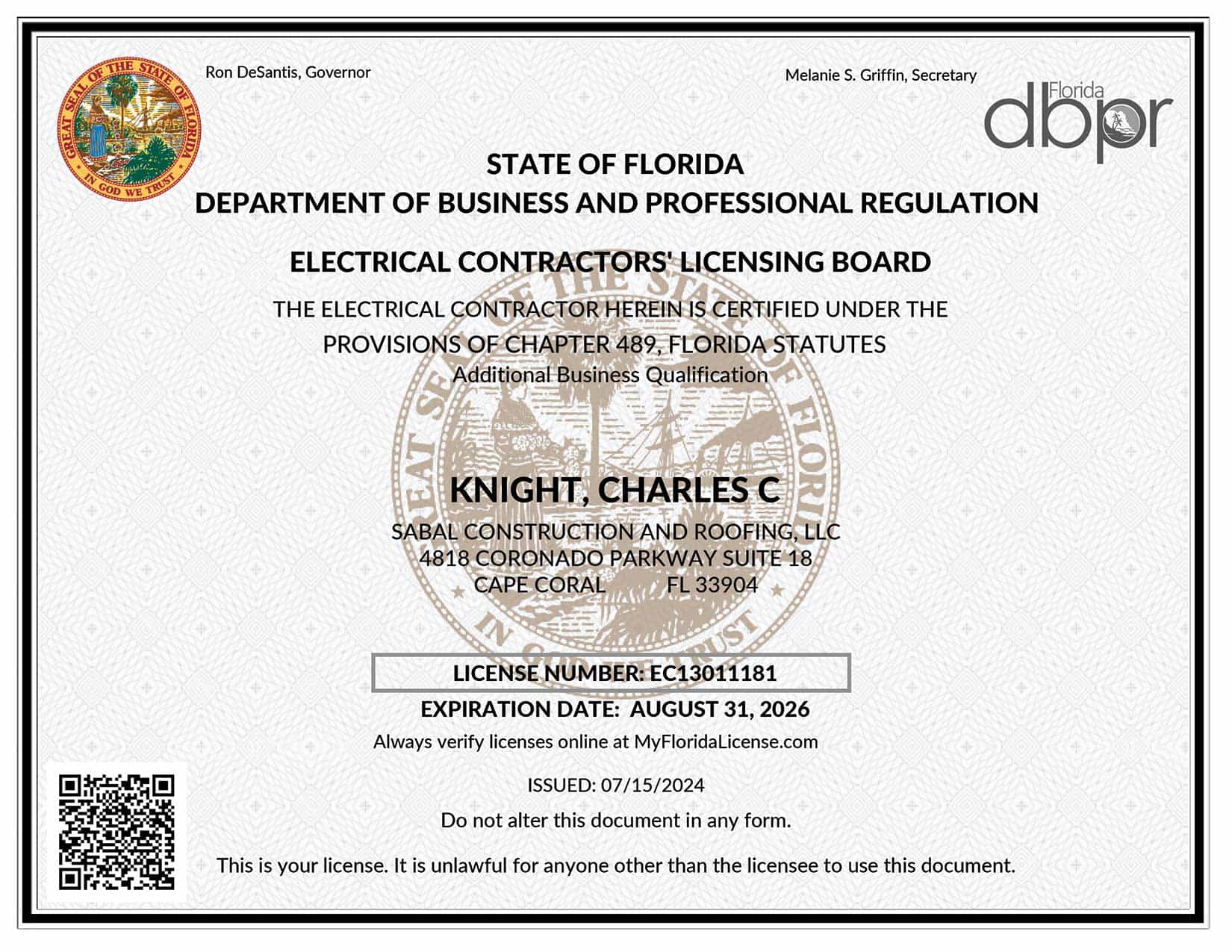 Florida Electrical Contractor - Expiring on August 31, 2026